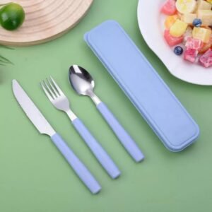 Jogo de Talheres Portáteis com Estojo – Kit Talheres Garfo Faca e Colher para Marmita, Trabalho, Escola, Acampamento – Talheres Coloridos com Caixinha – UpShop (Azul)