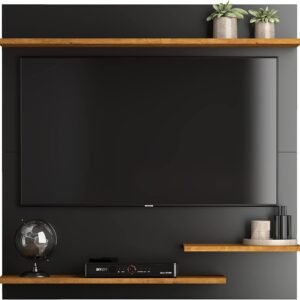 Painel Estante Para TV 32 Polegadas Sala Ripado/Quarto Prateleiras Nichos Madrid (Preto/Nature)