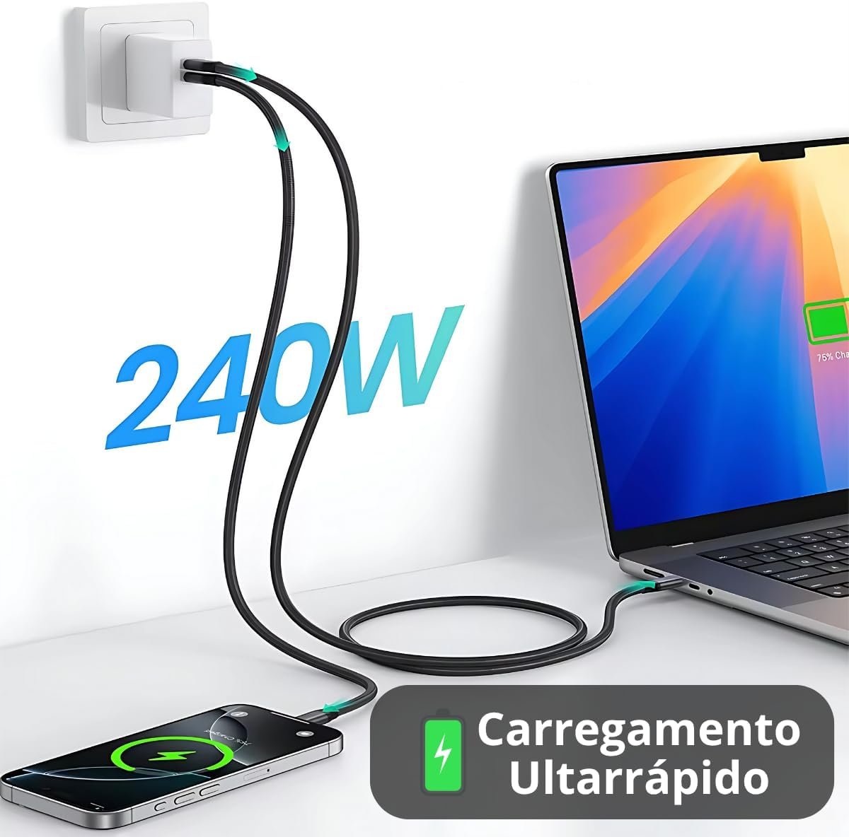 Cabo USB C 4.0 240W 20Gbps 4K 60Hz Premium Para Transmissão Dados E Vídeo Carregamento Rápido Notebook Tablet Smartphone Tipo C 2 metros - Imagem 7