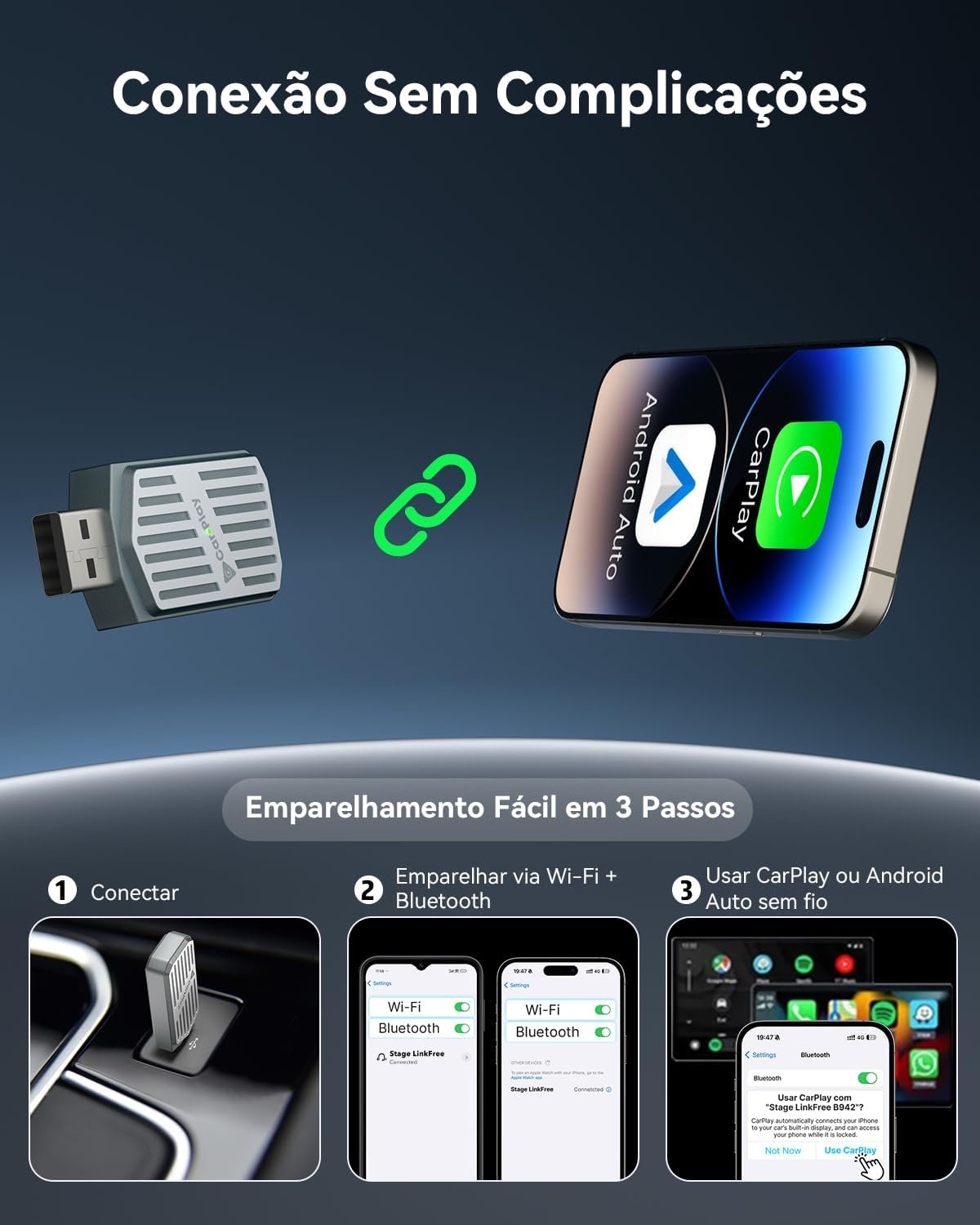 Adaptador CarPlay Sem Fio para Android e iPhone, Stage LinkFree 2 em 1 Mini CarPlay Com Fio para Sem Fio, Adaptador USB-C/USB Plug & Play Bluetooth para Carro, Controle Estável e Sem Atraso - Imagem 5