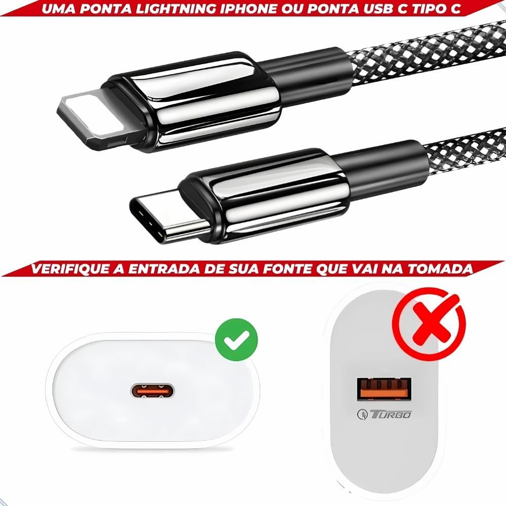 Cabo de Carregamento Compátivel Com iPhone Turbo 30W, 2 Metros de Extensão, Nylon Trançado e Reforçado, Padrão de Qualidade Luxo - Imagem 3