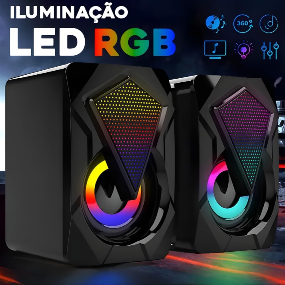 Caixinha de Som PC, Alto Falante Gamer Para Computador, Luzes RGB, Entrada P2 e USB, Ideal Para Setup Gamer, Cabo com Controle de Volume, Conecta com Pc, Notebook, Console, Video Game - Premium - Imagem 3