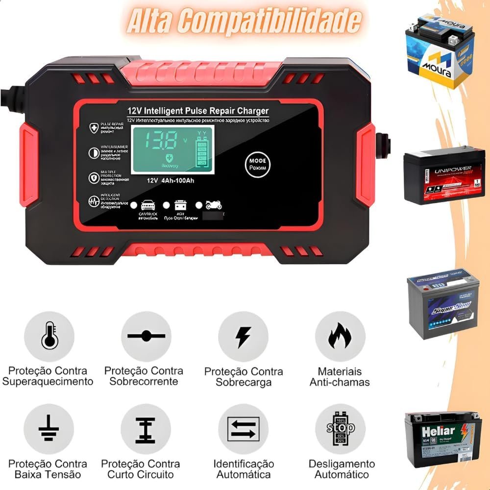 Carregador de Bateria Inteligente 12V, Display Digital, 110v e 220v, para Carro, Moto e Caminhão, com Proteção Contra Superaquecimento e Curto, Linha Premium Automotiva - Imagem 6