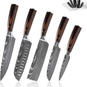 Conjunto De Facas De Cozinha Com 5 Peças, Facas De Cozinha De Aço Inoxidável Com Cabos De Madeira, Preto