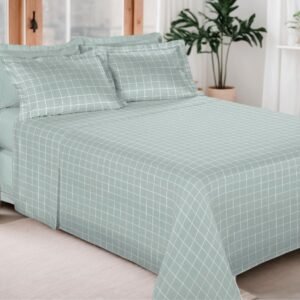 Jogo de Cama 100% Algodão 300 Fios Percal Lençol Antiácaro Respirável Toque Macio, 4 Peças – Bem Lunar (Verde Oliva Grid, Casal)