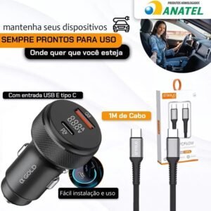 Carregador Veicular Turbo 60W Para Automóvel Carregador de Carro Duas Entradas com Carregamento Super Rápido + Cabo USB-C Premium Compatível Com Dispositivos IOS e Android