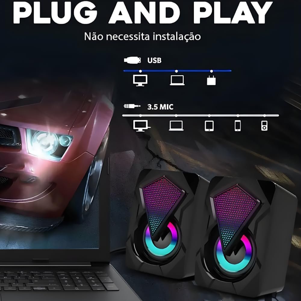 Caixinha de Som PC, Alto Falante Gamer Para Computador, Luzes RGB, Entrada P2 e USB, Ideal Para Setup Gamer, Cabo com Controle de Volume, Conecta com Pc, Notebook, Console, Video Game - Premium - Imagem 8