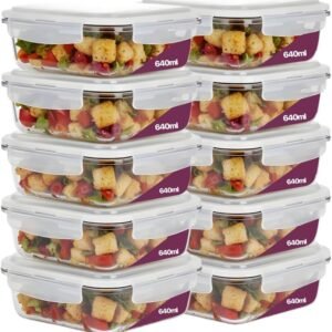 Kit 10 Potes De Vidro Borossilicato Retangular Marmita Com Tampa Hermética 640ml Resistente Premium