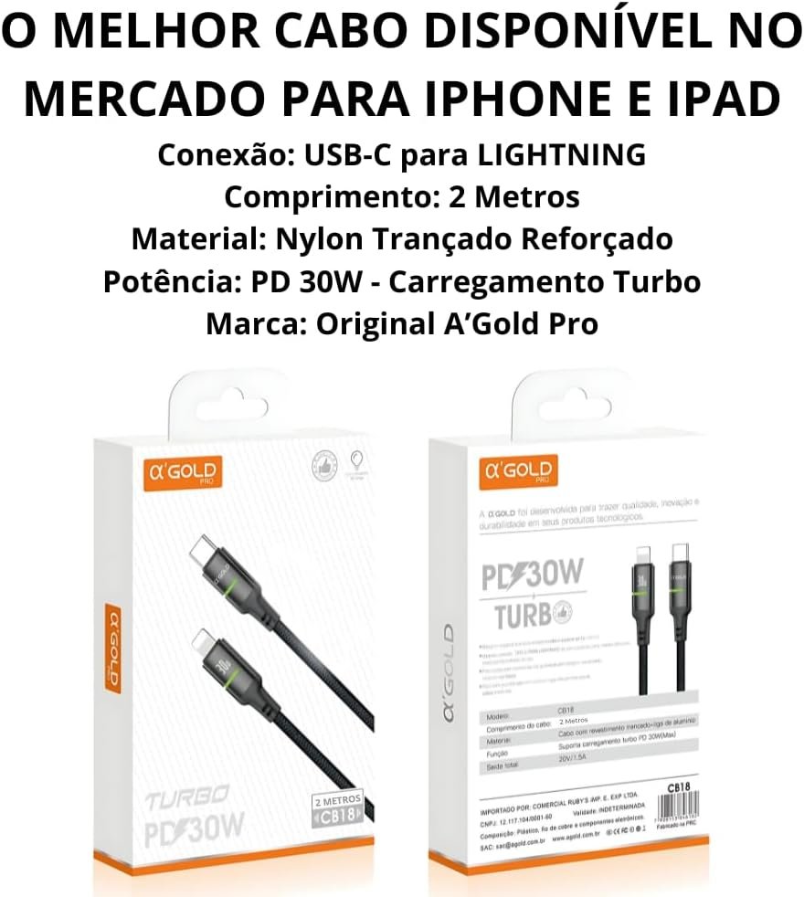 Cabo de Carregamento Compátivel Com iPhone Turbo 30W, 2 Metros de Extensão, Nylon Trançado e Reforçado, Padrão de Qualidade Luxo - Imagem 2