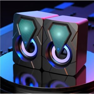Caixinha de Som PC, Alto Falante Gamer Para Computador, Luzes RGB, Entrada P2 e USB, Ideal Para Setup Gamer, Cabo com Controle de Volume, Conecta com Pc, Notebook, Console, Video Game – Premium