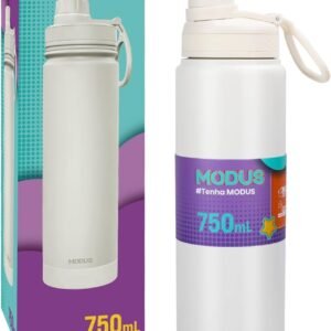 MODUS Garrafa Térmica em Aço Inoxidável 750mL com Base Emborrachada Anti Derrapante, Alça e Adesivos (Branco)
