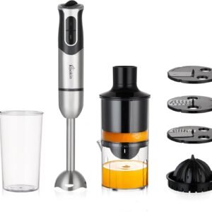Mixer de Mão Portátil 8 Velocidades 800W Inox KOOKIN Multifuncional com Espremedor de Frutas e 3 Discos de Corte, Lâminas Aprimoradas em Aço Inox 304 – Prepara um Copo de Suco de Laranja em 30s