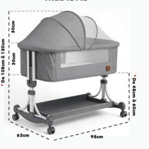 PIPDIP Berço De Balanço Para Bebês, Colchão, Mosquiteiro, Cesto de Armazenamento, Suporta até 50kg, Ergonômico, Tubo De Ferro, Fibra De Poliéster, Cinza.