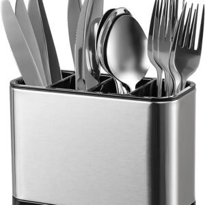 Escorredor e Porta Talheres de Aço Inox com 4 Divisórias – Organizador de Utensílios Compacto Com Drenagem De Água Design Moderno e Praticidade Para a sua Pia Premium