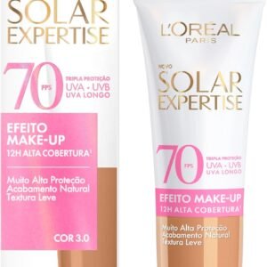 L’Oréal Paris Solar Expertise Efeito Make-Up, Protetor Solar com Cor FPS 70, Cobertura de Maquiagem por até 12h, Tripla Proteção Solar contra raios UVB, UVA, UVA Longo e Luz Visível Cor 3.0, 30g