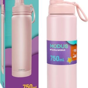 MODUS Garrafa Térmica em Aço Inoxidável 750mL com Base Emborrachada Anti Derrapante, Alça e Adesivos (Rosa)