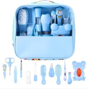 Kit Higiene e Cuidados do Bebê 13 em 1 Completo – Estojo Organizador Premium com Tesoura, Pente, Escova, Termômetro e Cortador – Bolsa Resistente Livre de BPA Premium (Azul)