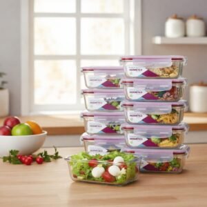 Kit 10 Potes de Vidro 640 ML Borossilicato Retangular com Tampa Hermética 4 Travas Marmita Premium Empilhável Freezer Micro-ondas Sem Tampa Organização Geladeira Cozinha Resistente