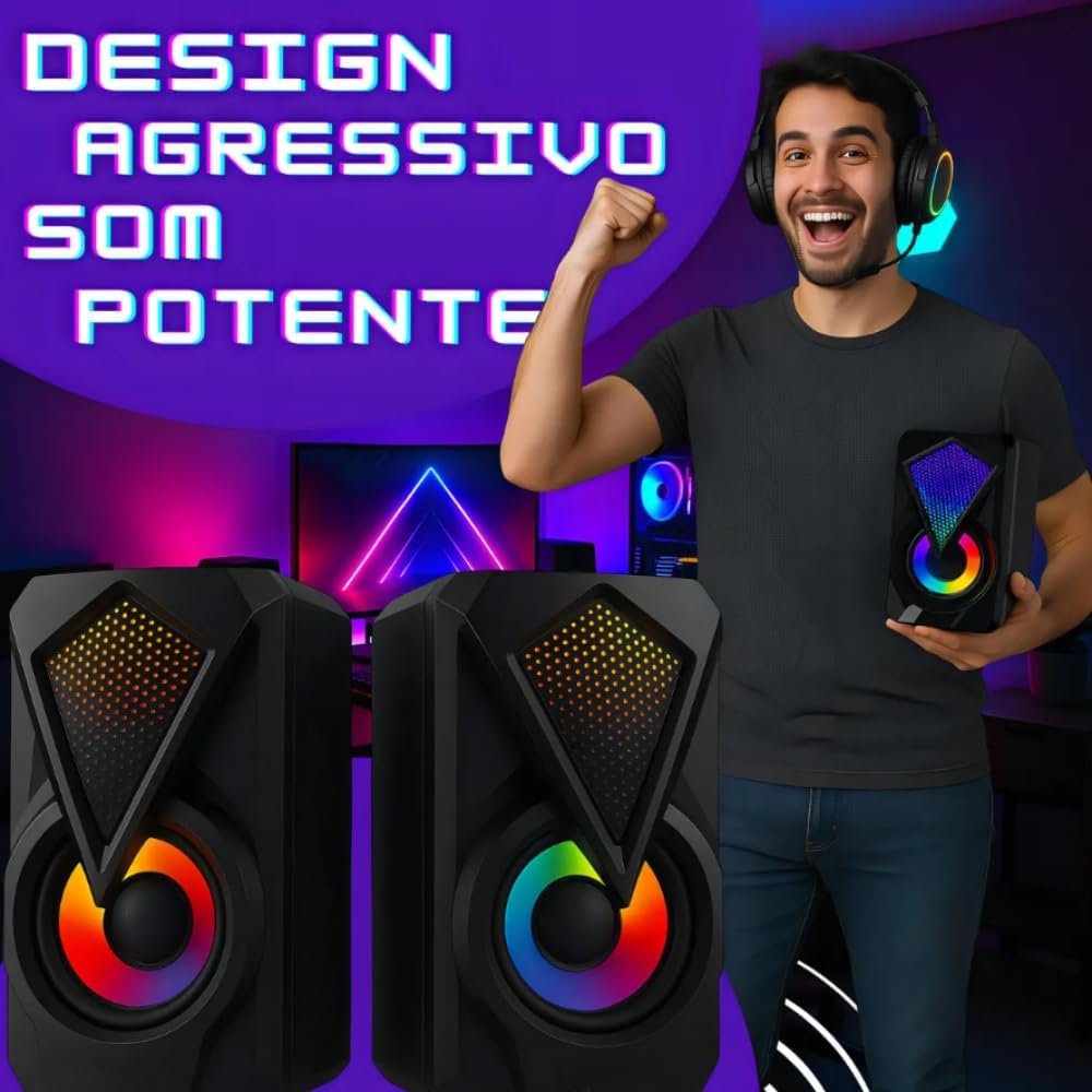 Caixinha de Som PC, Alto Falante Gamer Para Computador, Luzes RGB, Entrada P2 e USB, Ideal Para Setup Gamer, Cabo com Controle de Volume, Conecta com Pc, Notebook, Console, Video Game - Premium - Imagem 6
