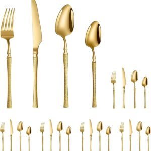 Conjunto de Talheres na Cor Dourada com Textura Martelada – 24 Peças em Aço Inoxidável para Decoração Temática