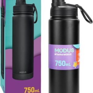 MODUS Garrafa Térmica em Aço Inoxidável 750mL com Base Emborrachada Anti Derrapante, Alça e Adesivos (Preto)