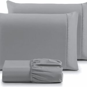 Jogo de Lençol Casal 3 Peças Micropercal 400 Fios com Ponto Palito | Toque Acetinado de Hotel, Não Amassa, Anti Bolinha – Cor Cinza