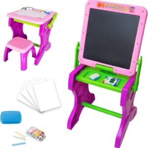 Mesa de Desenho Lousa Infantil 2 em 1 Mesinha Mágica Educativa Didática Com Banquinho (Rosa)