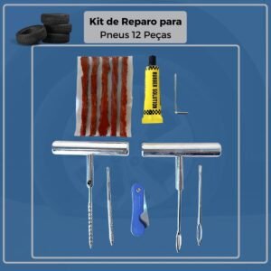 Kit Reparo de Pneus 12 Peças com Maleta – Macarrão, Escariador, Aplicador, Estilete, Cola e Maleta Azul Portátil – Carro, Moto, Bike – Remendo Sem Câmara