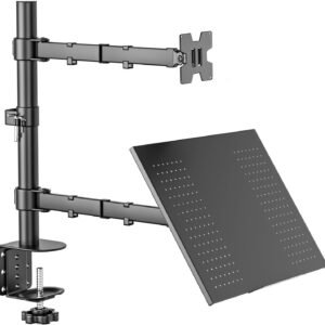 BAZIK Suporte Articulado para Monitor e Notebook – Braço Ajustável com Bandeja para Notebook até 17″, Monitores de 13” a 32”, Suporte para Monitor Duplo com Ergonômico com Organização de Cabos
