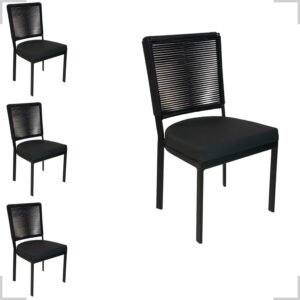 Conjunto 4 Cadeira de Alumínio com Corda Sintética Para cozinha Area Gourmet churrasqueira balcão Assento Estofado e Pintura Eletroestática Aluminum Decor Tecnofoil (PRETO)