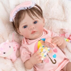 Bebê Reborn Boneca Silicone Menina Olhos Azuis Realista Pintado 48cm Com Urso e Acessórios