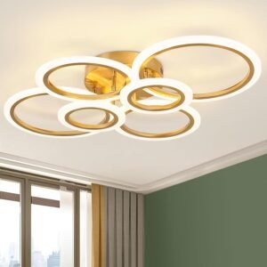 Luminária de Teto Minimalista 6 Anéis Dourada, Ajustável 3 Temperaturas de Cor, LED Dimerizável, Lustre Moderno para Cozinha, Quarto, Sala de Estar, Corredor (6 Anéis)