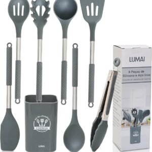 LUMAI Kit 8 Utensílios de Cozinha Grandes em Silicone e Aço Inox, Resistentes ao Calor, Antiderrapantes e Antirriscos, Acessórios de Cozinha Inclui Espátula, Colher, Pegador de Massa, Concha – Cinza LUMAI Kit 8 Utensílios de Cozinha Grandes em Silicone e Aço Inox, Resistentes ao Calor, Antiderrapantes e Antirriscos, Acessórios de Cozinha Inclui Espátula, Colher, Pegador de Massa, Concha – Cinza