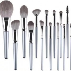 Kit Profissional de Pincéis de Maquiagem 14 em 1, Cor Prata, Conjunto para Maquiagem de Festa e Contorno, Cerdas Sintéticas de Luxo e Cabo Resistente