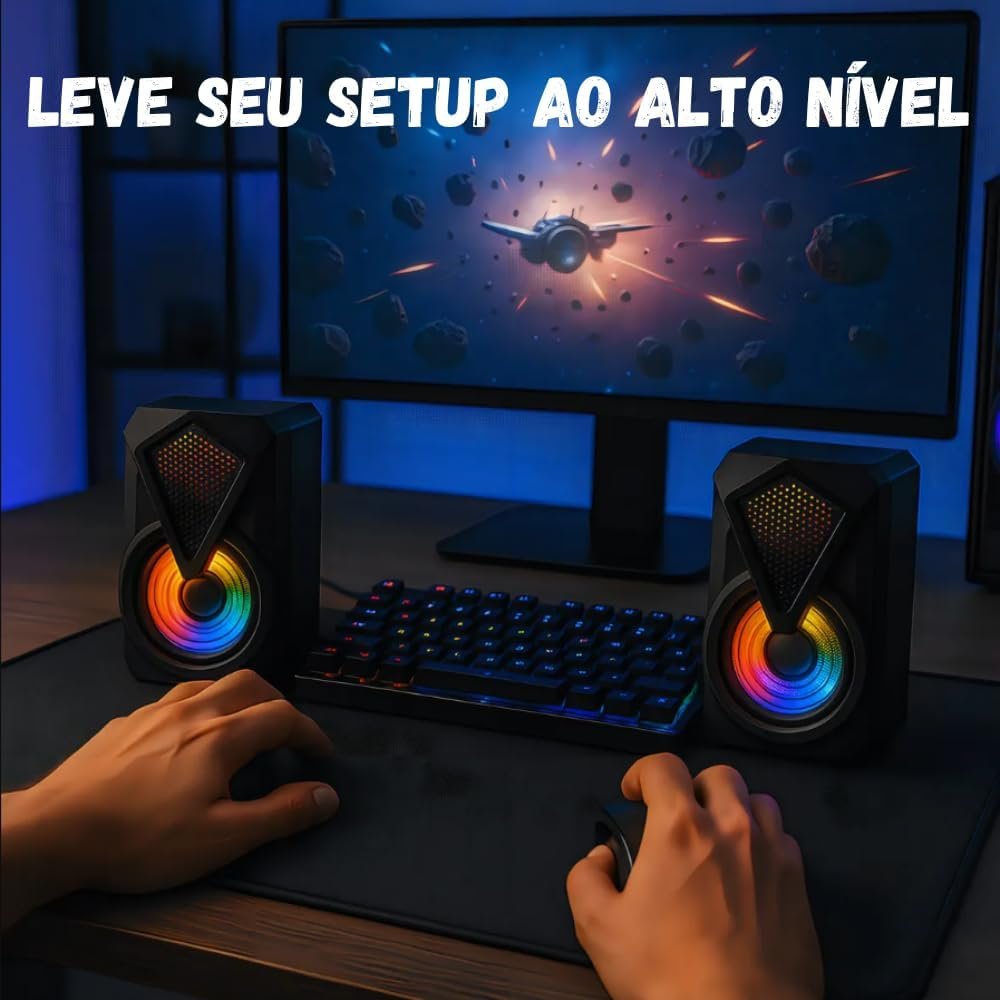 Caixinha de Som PC, Alto Falante Gamer Para Computador, Luzes RGB, Entrada P2 e USB, Ideal Para Setup Gamer, Cabo com Controle de Volume, Conecta com Pc, Notebook, Console, Video Game - Premium - Imagem 7