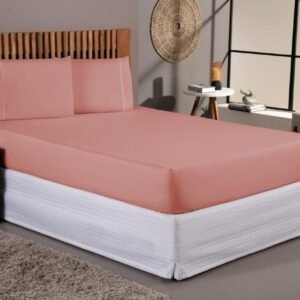Kit Jogo De Lençol 400 Fios Percal Poliéster Liso Toque Macio com Elástico Diversos Tamanho Solteiro Casal Queen King Size (Rose, Queen)