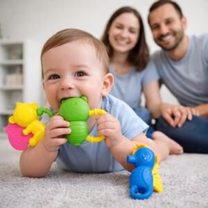 Kit Brinquedo e Mordedor para Bebê com 3 Peças – Brinquedo Colorido