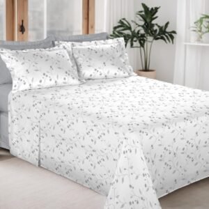 Jogo de Cama 100% Algodão 300 Fios Percal Lençol Antiácaro Respirável Toque Macio, 4 Peças – Bem Lunar (Cinza Folhagem, Casal)