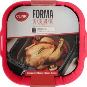Forma de silicone para airfryer, forno, quadrada com alça 19x19cm reutilizável para fritadeira elétrica, Vermelho