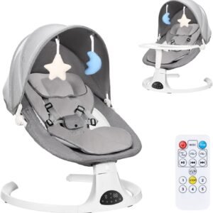 Hivento Cadeira de Balanço Elétrica para Bebê, Com Controle Remoto, Cinto de Segurança de 5 Pontos, 5 Velocidades, 3 Configurações de Temporizador, Capacidade Máxima de 15 kg, 10 Canções de Ninar
