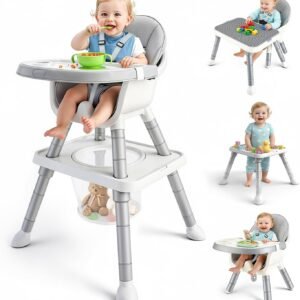 Cadeira de Alimentação 8 em 1, com Cinto de Segurança de 5 Pontos, Bandeja Removível, Cadeira e Mesa de Estudo, Suporta até 50 kg, Cor Cinza