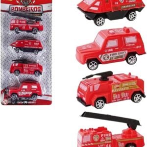 Conjunto Caminhão de Bombeiro 4 Peças com Fricção – Brinquedo Educativo Infantil com Veículos de Resgate Coloridos