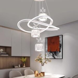 Lustre de Cristal LED Branco com Altura Ajustável- 3 Cores com Controle Remoto (3000K-4500K-6000K) – Base LED Iluminada – Ferro + Cristal – Para Sala de Jantar/Quarto – 100W