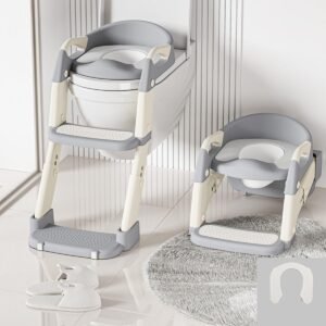 ninho desgin Assento Redutor Infantil para Vaso Sanitário com Escada Assento Redutor Para Vaso Sanitário Pinico Infantil, Mictório, Penico, Almofadado, Desfralde, Antiderrapante (Cinza e Branco)
