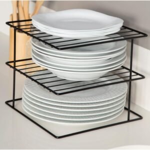 Suporte Porta 24 Pratos Organizador de Armário de Cozinha Aramado 3 Andares Preto Pliar