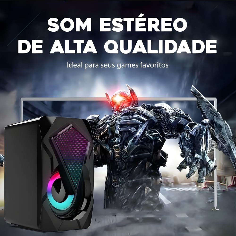 Caixinha de Som PC, Alto Falante Gamer Para Computador, Luzes RGB, Entrada P2 e USB, Ideal Para Setup Gamer, Cabo com Controle de Volume, Conecta com Pc, Notebook, Console, Video Game - Premium - Imagem 5