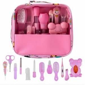 Kit Higiene e Cuidados do Bebê 13 em 1 Completo – Estojo Organizador Premium com Tesoura, Pente, Escova, Termômetro e Cortador – Bolsa Resistente Livre de BPA Premium (Rosa)
