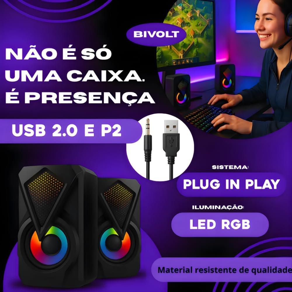 Caixinha de Som PC, Alto Falante Gamer Para Computador, Luzes RGB, Entrada P2 e USB, Ideal Para Setup Gamer, Cabo com Controle de Volume, Conecta com Pc, Notebook, Console, Video Game - Premium - Imagem 4