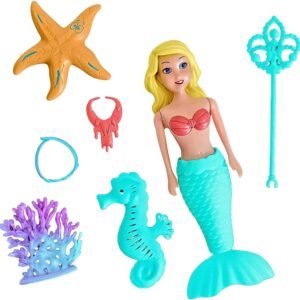 Boneca Sereia Mágica Com Acessórios, 7 Peças, Cauda Articulada Azul Turquesa, Conjunto Completo Com Estrela do Mar e Coral Decorativo