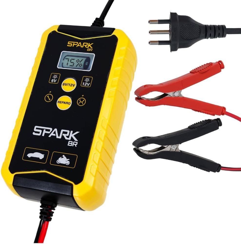 Carregador Automotivo Bateria Inteligente Portátil 6V/12V 150AH Display Digital Avançado Multifuncional Indicador Inteligente Spark BR Proteção Carro Moto Carregamento Automático Botão Reparo Bivolt